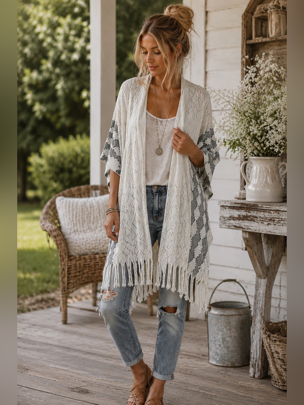 Just Be Cream Gray Knit Fringe Lightweight Wrap OS Boho Western
Coastal Layering